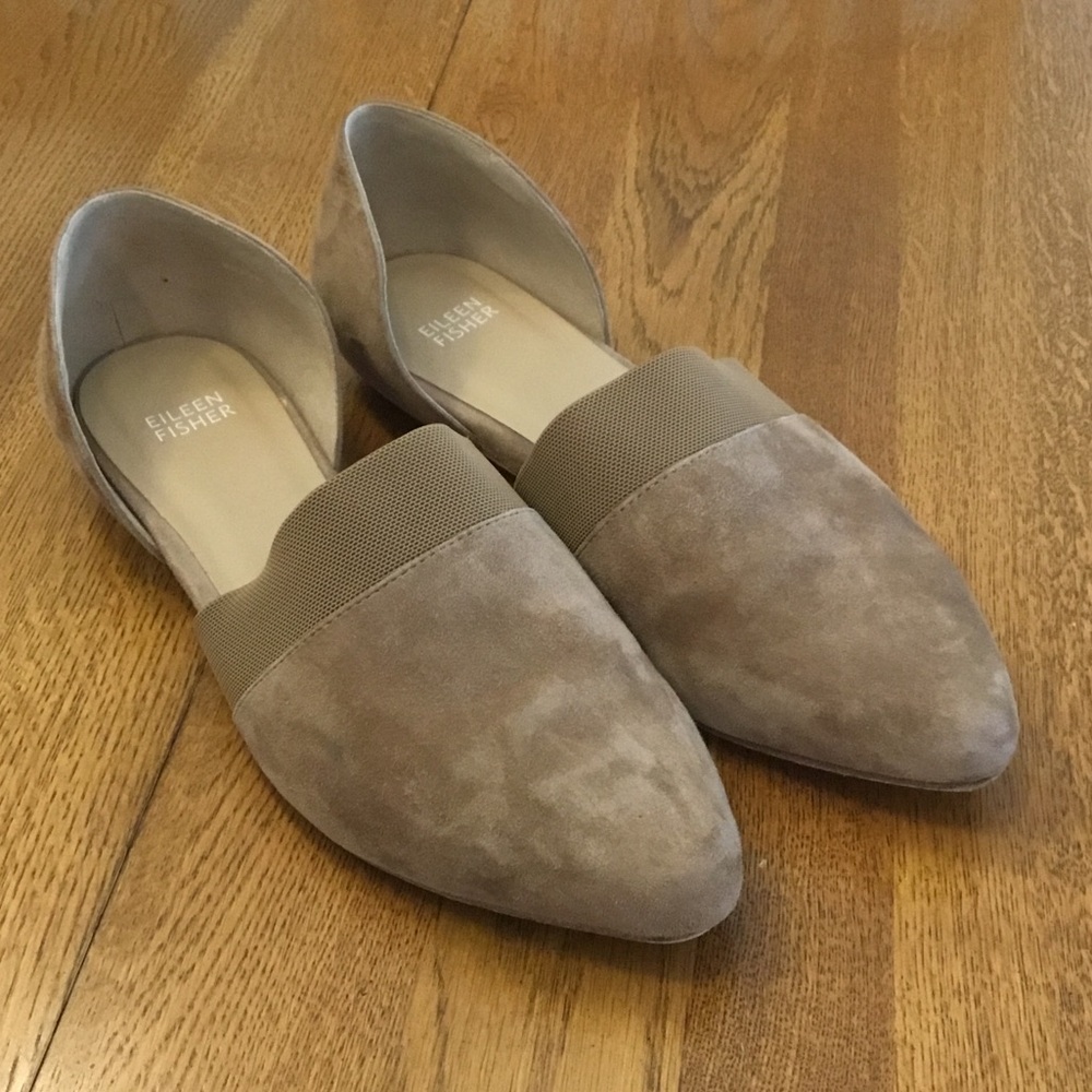 Woman’s Eileen Fisher tan suede slip on shoes. Size 9.5. Elastic on top. Comfy!